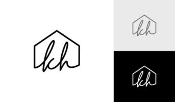 escritura a mano o firma letra kh con casa logo diseño vector