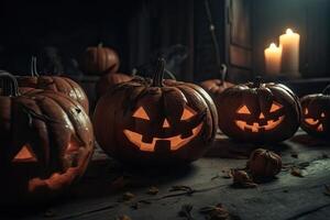 Halloween spooky background, scary pumpkins with smoke in old big creepy ghosts house inside big empty foggy room. Creepy october dark smoky mysterious backdrop concept. . photo