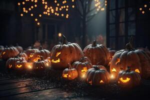 Halloween spooky background, scary pumpkins with smoke in old big creepy ghosts house inside big empty foggy room. Creepy october dark smoky mysterious backdrop concept. . photo