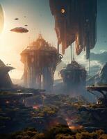 Exoplanet fantastic landscape. Beautiful views of the mountains and sky with unexplored planets. . photo