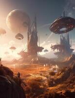 Exoplanet fantastic landscape. Beautiful views of the mountains and sky with unexplored planets. . photo