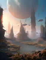 Exoplanet fantastic landscape. Beautiful views of the mountains and sky with unexplored planets. . photo