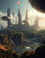 Exoplanet fantastic landscape. Beautiful views of the mountains and sky with unexplored planets. . photo