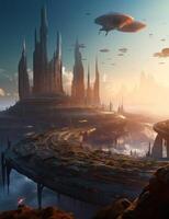 Exoplanet fantastic landscape. Beautiful views of the mountains and sky with unexplored planets. . photo