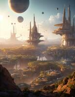 Exoplanet fantastic landscape. Beautiful views of the mountains and sky with unexplored planets. . photo