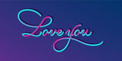 Love you - calligraphic 3D lettering render, modern line calligraphy in neon colors on the blue background. Typographic vector illustration.