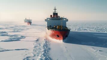 Icebreaker ship on the ice in the sea. photo