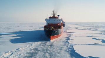 Icebreaker ship on the ice in the sea. photo