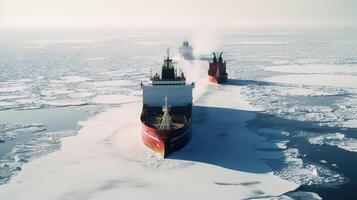 Icebreaker ship on the ice in the sea. photo