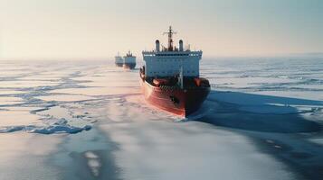 Icebreaker ship on the ice in the sea. photo