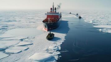 Icebreaker ship on the ice in the sea. photo