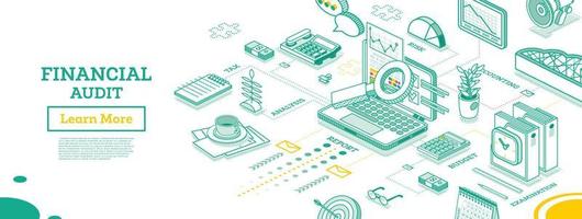 Financial Audit. Isometric Business Concept. Account Tax Report. Open Laptop with Documents. Calendar and Magnifier. Report Under Magnifying Glass. Calculating Balance. vector