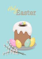 Poster congratulations on the holiday of holy Easter. Illustration of Easter cake with eggs and willow twigs. vector