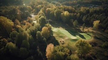 aéreo ver de verde césped y arboles en un golf campo. generativo ai. foto