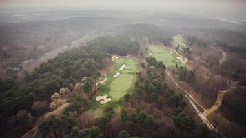 Aerial view of green grass and trees on a golf field. . photo