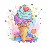 Melting ice cream balls in the waffle cone. Vector flat outline icon. Comic character in cartoon style illustration for t shirt design. . photo