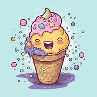 Melting ice cream balls in the waffle cone. Vector flat outline icon. Comic character in cartoon style illustration for t shirt design. . photo