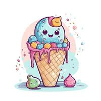 Melting ice cream balls in the waffle cone. Vector flat outline icon. Comic character in cartoon style illustration for t shirt design. . photo