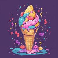 Melting ice cream balls in the waffle cone. Vector flat outline icon. Comic character in cartoon style illustration for t shirt design. . photo