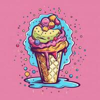 Melting ice cream balls in the waffle cone. Vector flat outline icon. Comic character in cartoon style illustration for t shirt design. . photo