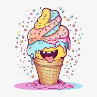 Melting ice cream balls in the waffle cone. Vector flat outline icon. Comic character in cartoon style illustration for t shirt design. . photo