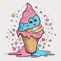 Melting ice cream balls in the waffle cone. Vector flat outline icon. Comic character in cartoon style illustration for t shirt design. . photo