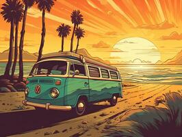 ilustración de mar paisaje verano playa con palmas, bote, horizonte a puesta de sol. Artoon estilo ilustración para t camisa diseño. generativo ai. foto