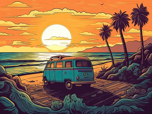 illustration of Sea landscape summer beach with palms, boat, horizon at sunset. artoon style illustration for t shirt design. .