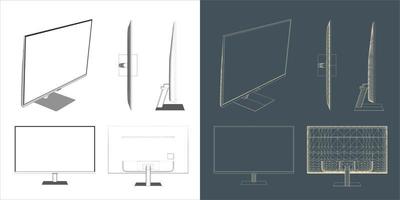 Vector Desktop Monitor Computer screen illustration line blueprint wireframe with transparent background for you design