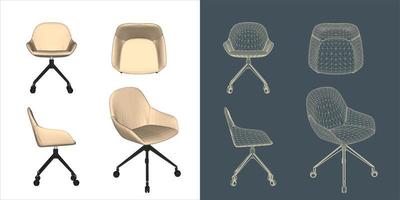 Vector modern Office chair ergonomic in various points of view. blue print isolated background