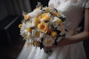 novia participación su Boda ramo. Boda ramo de flores en de la novia manos. generativo ai foto