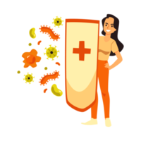 Strong immune system with woman reflects viruses, illustration isolated. png