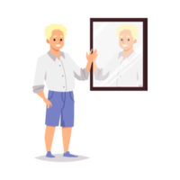 Smiling positive young man looks at reflection in mirror and self acceptance. png