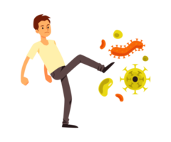 Young man kicking out viruses and bacterias, flat illustration isolated. png