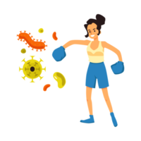 Woman in boxing gloves fighting viruses, cartoon illustration isolated. png