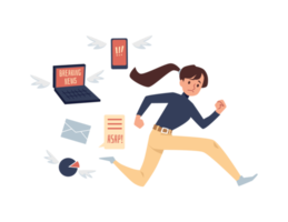 Woman running away from breaking news, flat illustration isolated. png