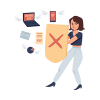 Woman reflecting attack of news flow, cartoon flat illustration isolated. png