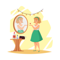 Woman satisfied with her appearance in mirror flat illustration isolated. png