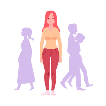 Sad woman standing alone in crowd of people, flat illustration isolated. png