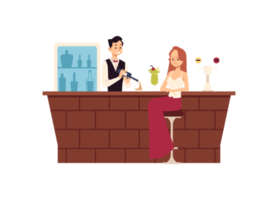 Lonely upset woman sitting at bar counter and drinking flat illustration. png