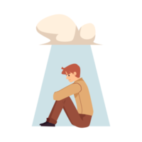 Lonely upset man character under rain cloud, flat illustration isolated. png