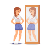 Smiling positive girl looks at her reflection in the mirror and self acceptance. png