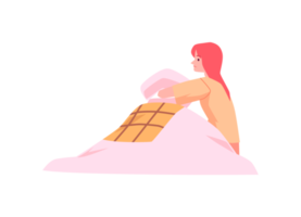 Sad lonely girl is sitting alone under blanket hugging pillow. png