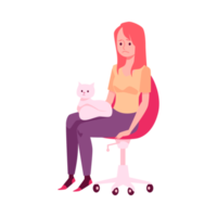 Upset lonely woman sitting in chair with cat flat illustration isolated. png