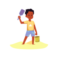 Cute boy on sand with toy shovel and bucket, flat illustration isolated. png