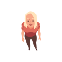 Top view on smiling standing girl looking up above a flat illustration. png