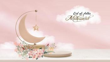 Eid al Adha Mubarak greeting design with Crescent Moon and Star hanging on 3D podium on pink sky and cloud background.Vector Backdrop of Religion of Muslim Symbolic for Eid al fitr, Ramadan Kareem vector