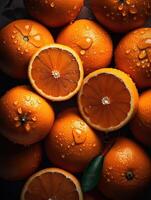 Fresh garden oranges on a stone table. Top view with copy space. Strawberries background. Strawberry. Food background. . photo