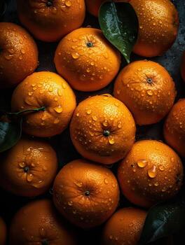 Fresh garden oranges on a stone table. Top view with copy space. Strawberries background. Strawberry. Food background. . photo