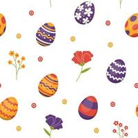 Vector easter seamless pattern with eggs and flowers. Easter eggs on white background. Floral pattern.